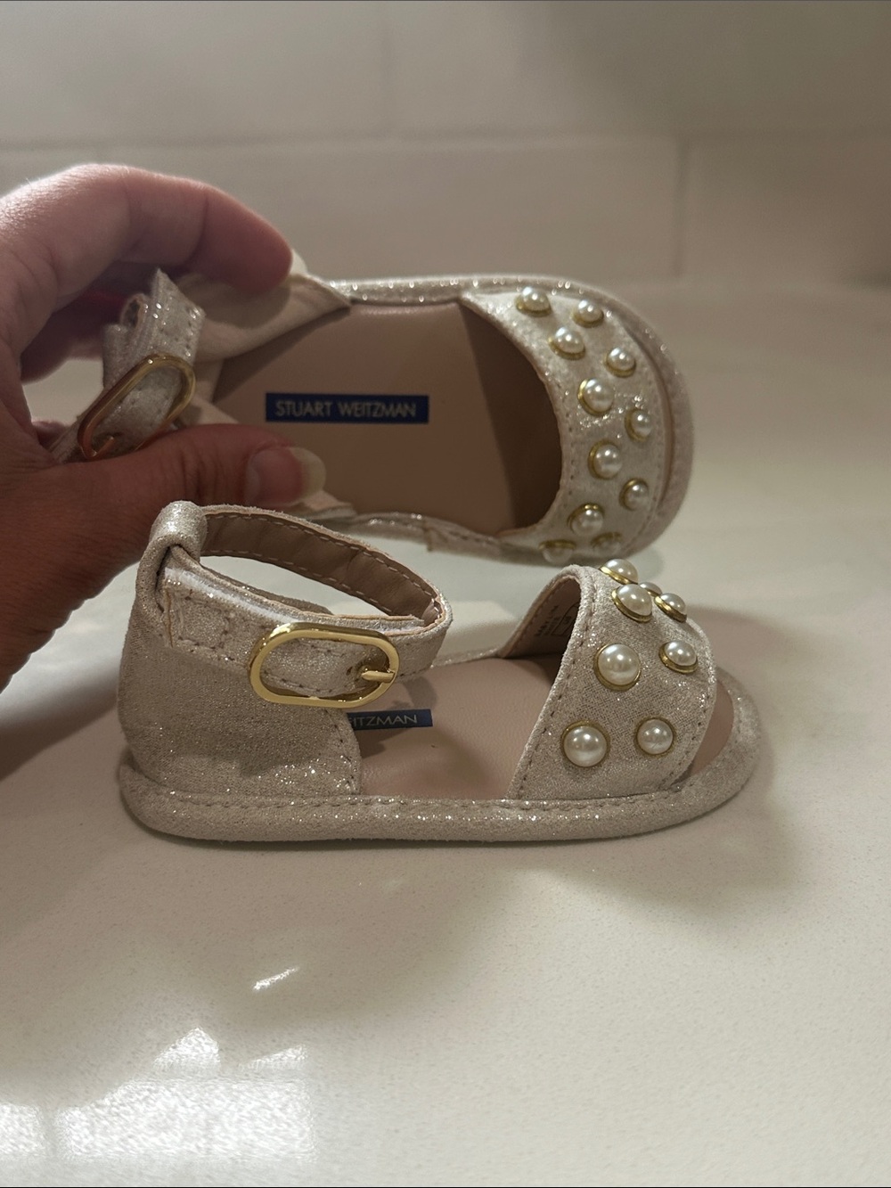 Stuart Weitzman Girls' Pearl-Embellished Glitter Sandals — Champagne